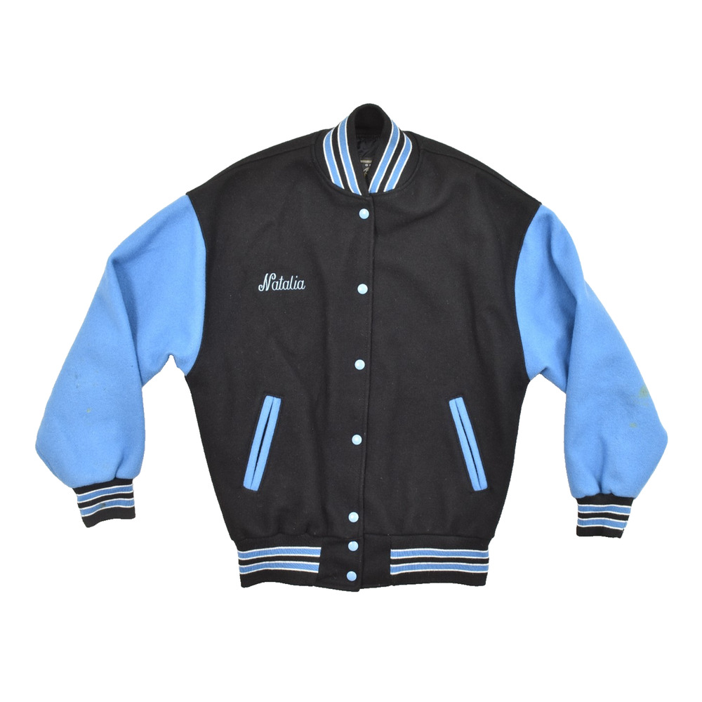 Holloway Varsity Jacket Medium M Black Blue Recycled Wool Bulldog Cheer Natalia